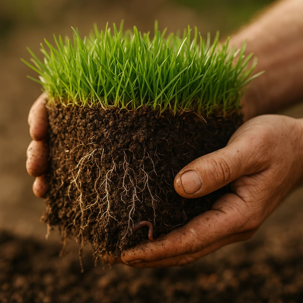 Nahaufnahme von gesundem Rasenboden und Graswurzeln bei einer Pflegekontrolle