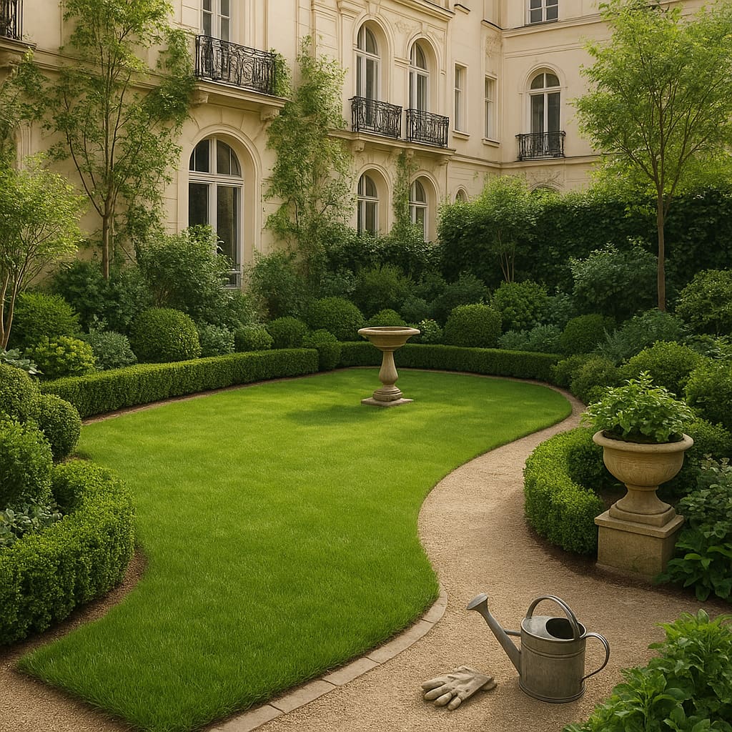 Eleganter privater Garten mit gesundem Rasen in Wien